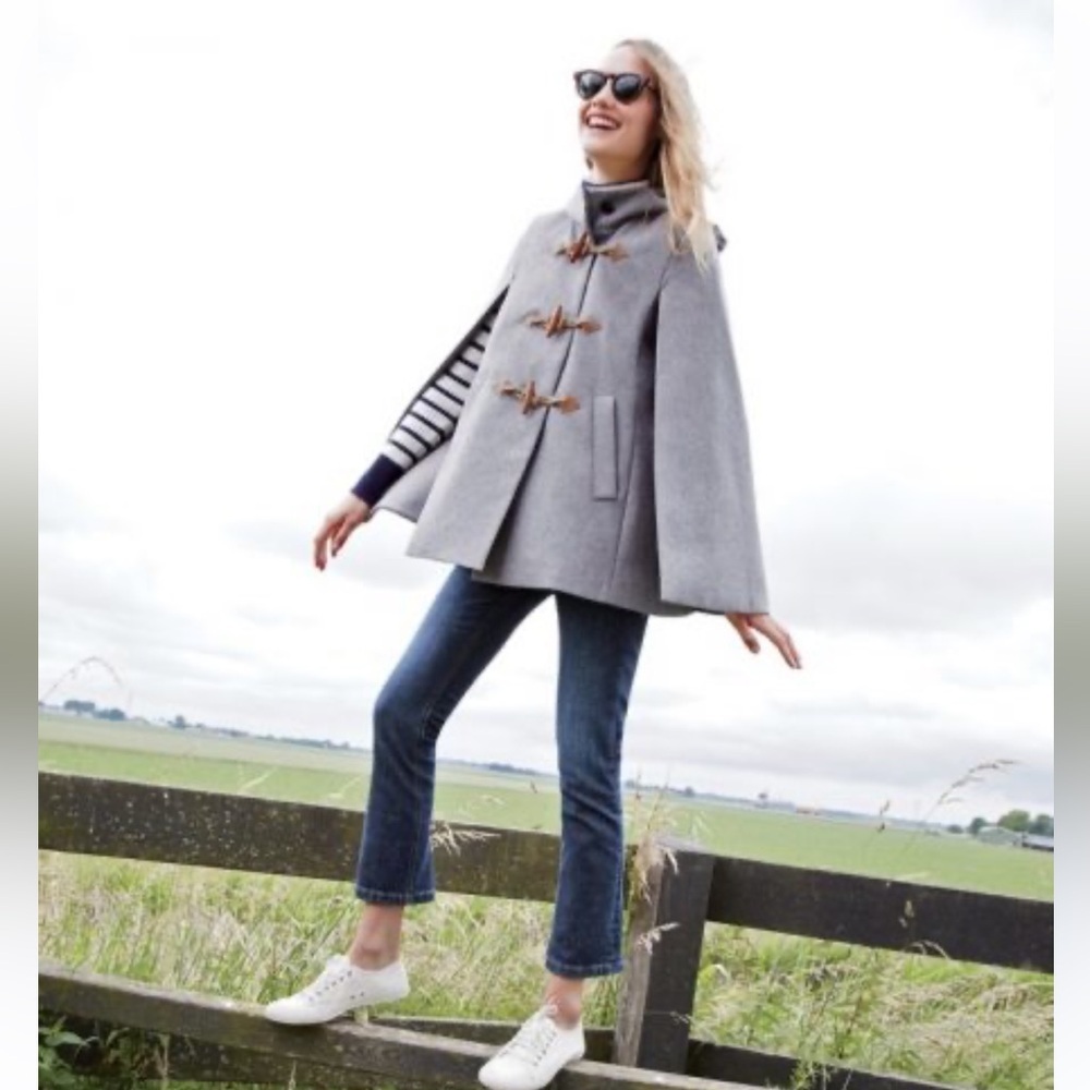 J. Crew Gray Wool Toggle Hooded Cape Coat with Tan Leather Accents - Picture 2 of 12